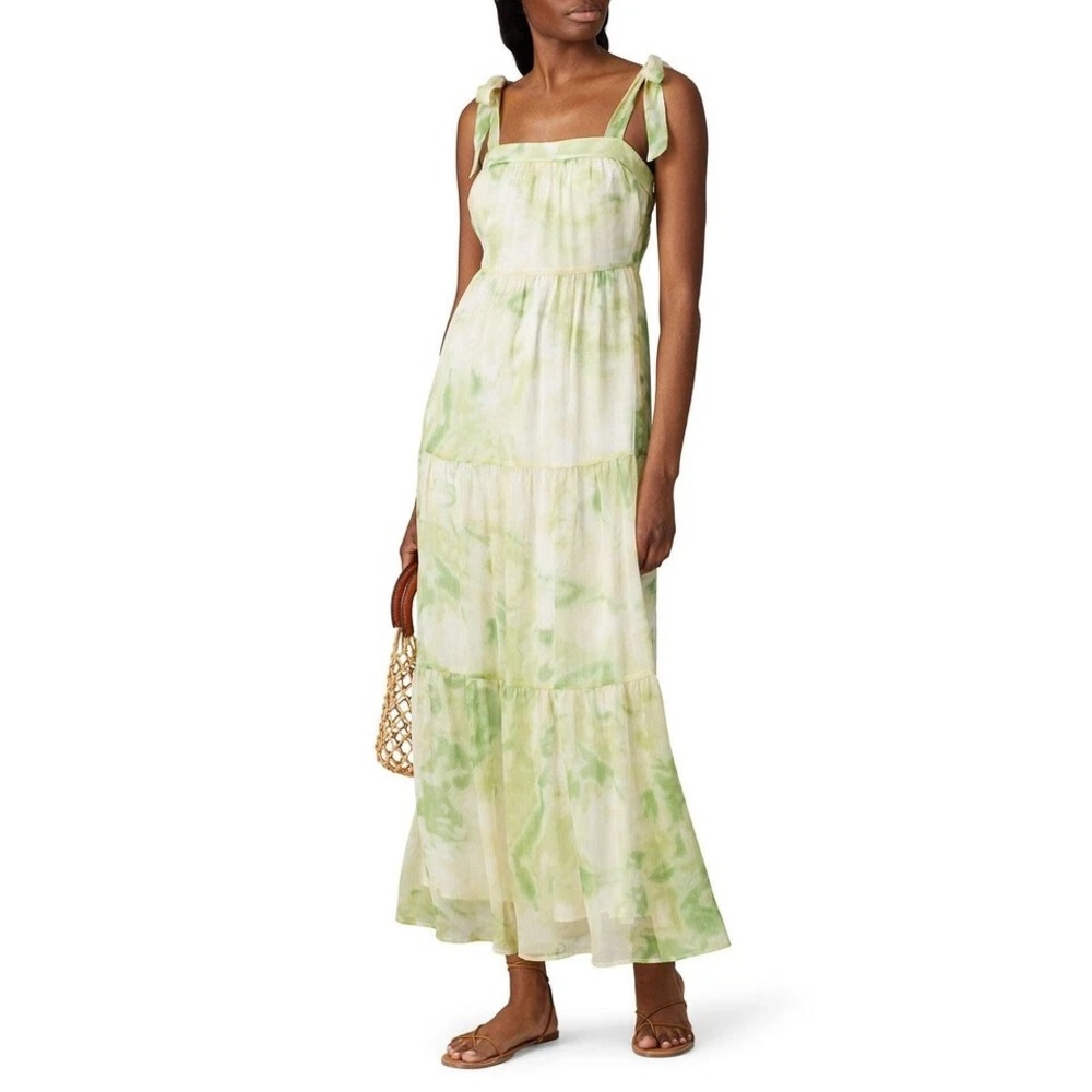 Line & Dot Maxi Dress Womens M Palm Green Tie Dye Square Neck Tie Strap Tiered